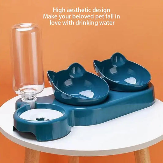 Triple Cat Bowls Pet Feeder, 2-in-1 Double Bowls With Automatic Drinking Bottle