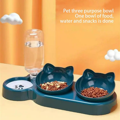 Triple Cat Bowls Pet Feeder, 2-in-1 Double Bowls With Automatic Drinking Bottle