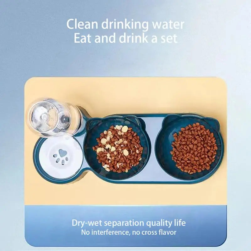 Triple Cat Bowls Pet Feeder, 2-in-1 Double Bowls With Automatic Drinking Bottle